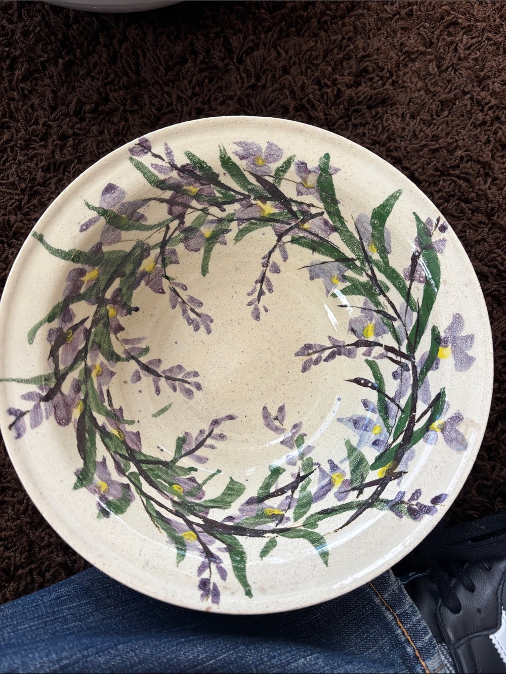 Hand-Painted Floral Ceramic Bowl in Cream and Lavender